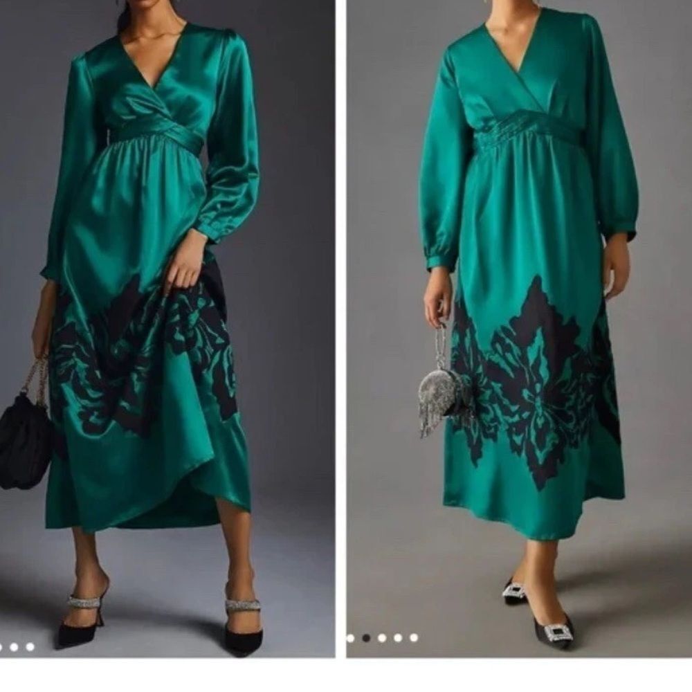 Anthropologie Nikasha Emerald Green Embroidered Satin Midi Dress XS